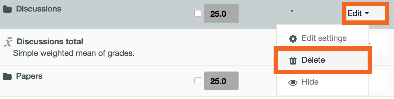 Moodle screenshot of Edit categories dropdown menu